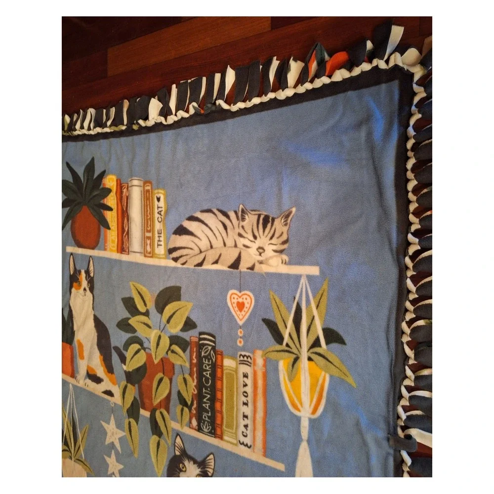 Handmade Fleece Tie Blanket Cats Books Plants Library Print Blue Throw 58